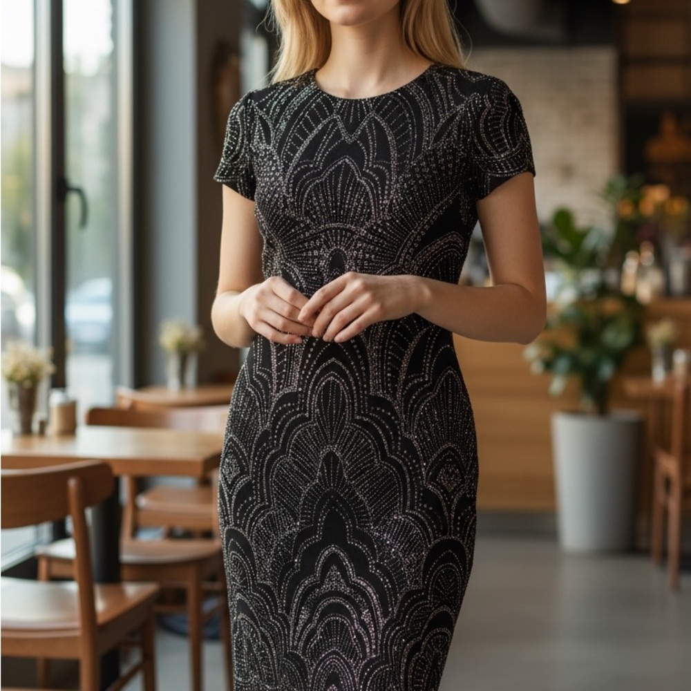 Jump apparel Black and Silver Patterned Midi Dress xxs